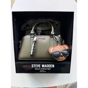 Steve Madden Bthorne Multi-Piece Satchel Set in Olive with Teddy Bear Bag Charms